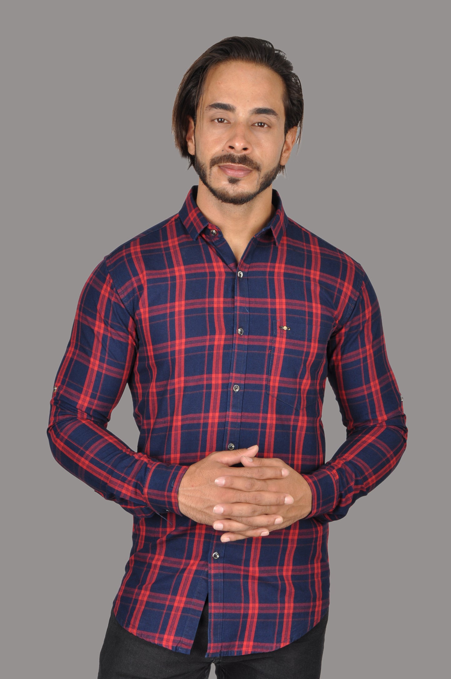 MEN NAVY BLUE & RED CASUAL CHECKED SHIRT